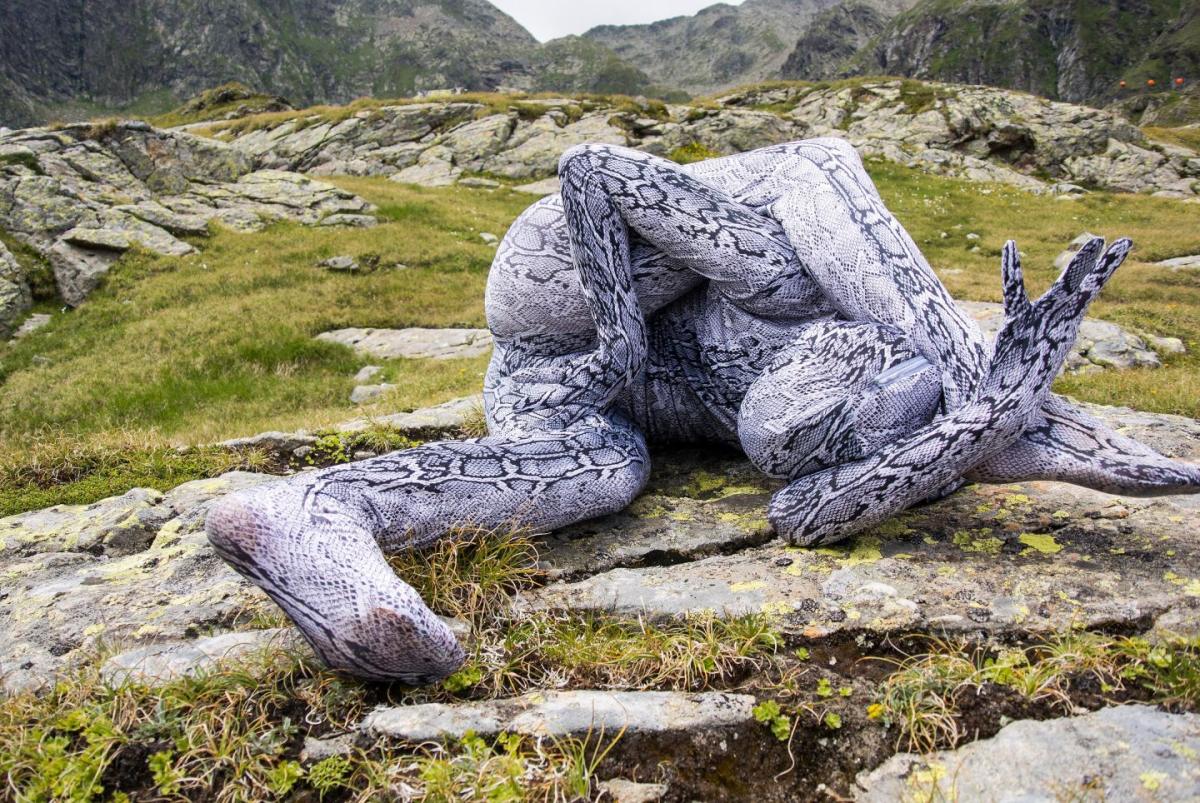 Eine Figur im Schlangenhaut-Anzug, verknotet auf einem flechtenbewachsenen Felsen in der Schobergruppe, dahinter Gras und Gestein.