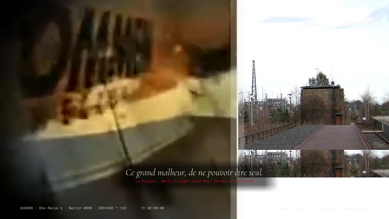 Kapitel III Die Reise 1: U-Bahn-Videobild links, Gleisfotografie rechts, geteilt von der Naht