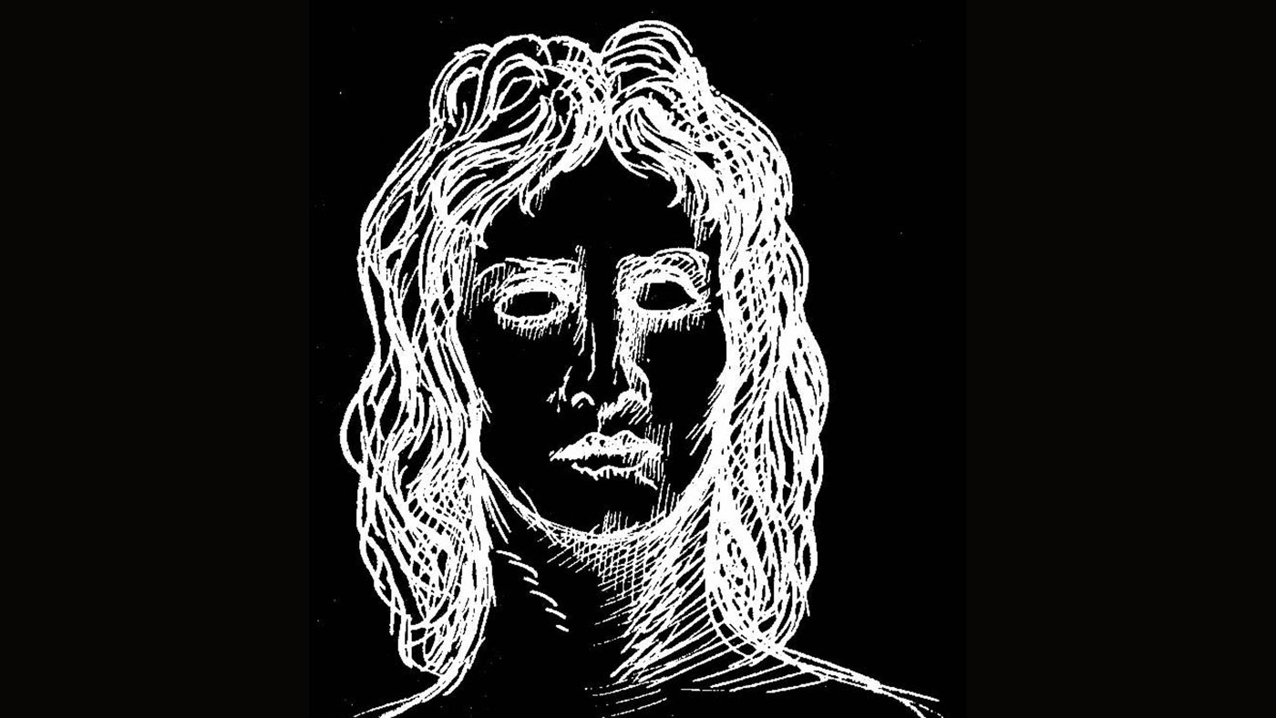 Kopf mit langen Locken, weiße Linien auf schwarz
