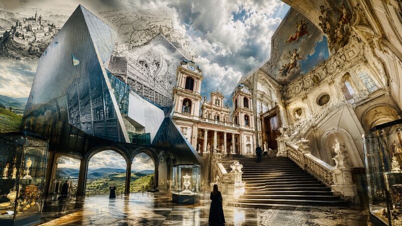 Schwarze Scherbe vor der Fassade — Ein dunkler Keil schiebt sich vor Arkade und Stiftskirche. GöttwAIg Wunderkammer(21), AI-Bildcollage.