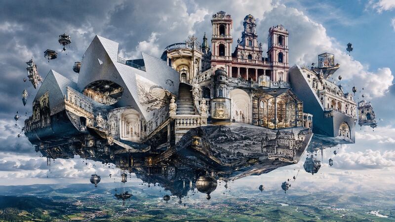 Das Stift, abgehoben — Der Klosterkomplex schwebt als Fragmentmasse über der Landschaft. GöttwAIg Wunderkammer(21), AI-Bildcollage.