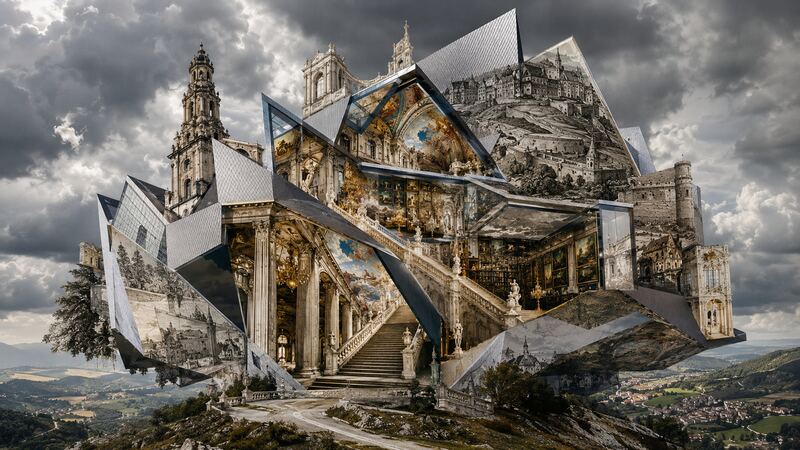 Konstellation aus Bauteilen — Fassaden, Treppen und Gesimse ordnen sich frei im Luftraum. GöttwAIg Wunderkammer(21), AI-Bildcollage.