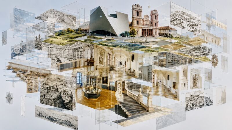 Isometrische Aufschlüsselung — Die Sammlungsräume als aufgeklapptes Modell auf weißem Grund. GöttwAIg Wunderkammer(21), AI-Bildcollage.