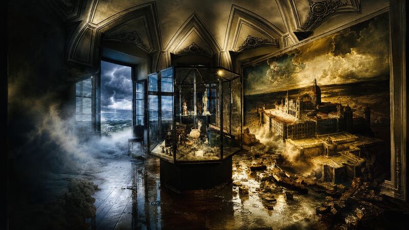 Nebelkammer — Ein verlassener Saal, das Gemälde bleibt, der Raum verschwindet. GöttwAIg Wunderkammer(21), AI-Bildcollage.