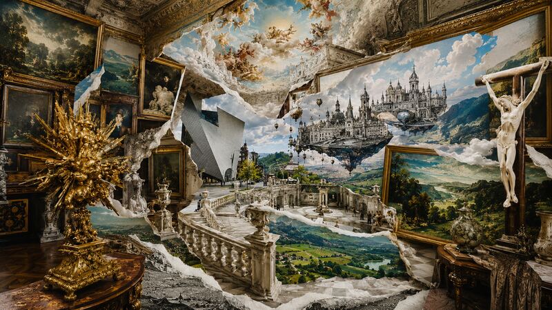 Goldaltar im offenen Raum — Vergoldetes Retabel vor aufgerissener Landschaft. GöttwAIg Wunderkammer(21), AI-Bildcollage.
