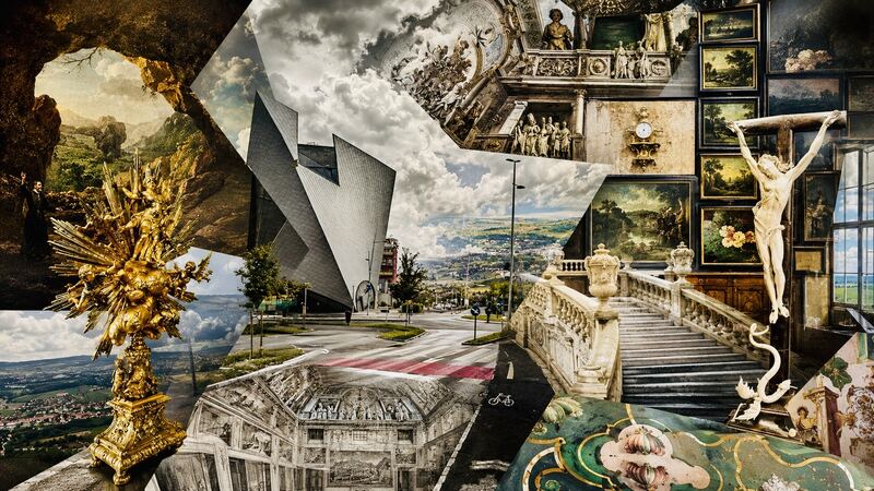 Kruzifix und Treppe — Goldenes Ornament, Stiegenlauf und Gewitterhimmel in einem Bild. GöttwAIg Wunderkammer(21), AI-Bildcollage.