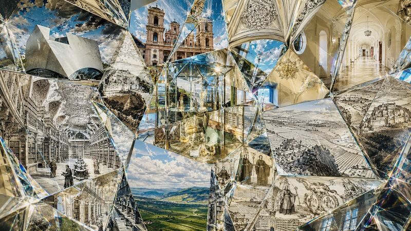 Stichwerk in Scherben — Kupferstich-Flächen brechen zu einer räumlichen Collage auf. GöttwAIg Wunderkammer(21), AI-Bildcollage.