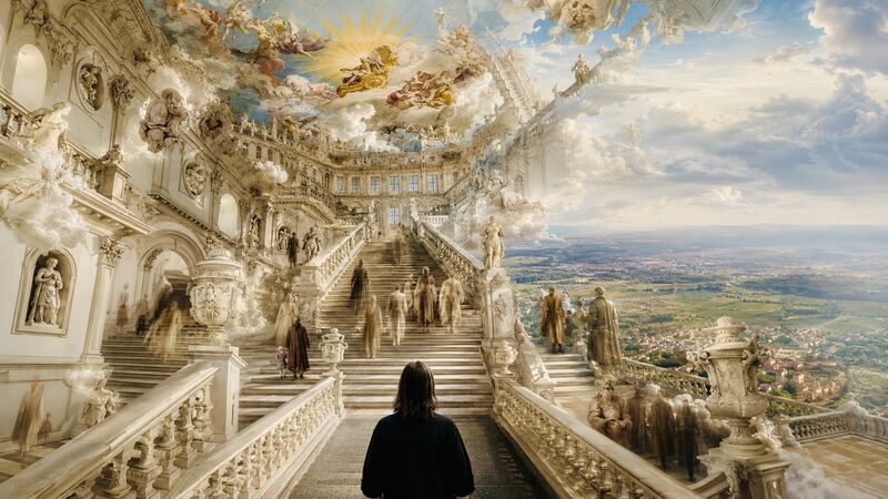 Kaiserstiege ins Offene — Der Aufgang endet nicht im Saal, sondern in der Landschaft. GöttwAIg Wunderkammer(21), AI-Bildcollage.