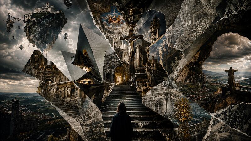Dunkler Aufgang — Eine Figur steigt zwischen Fragmenten und Wetterlicht auf. GöttwAIg Wunderkammer(21), AI-Bildcollage.