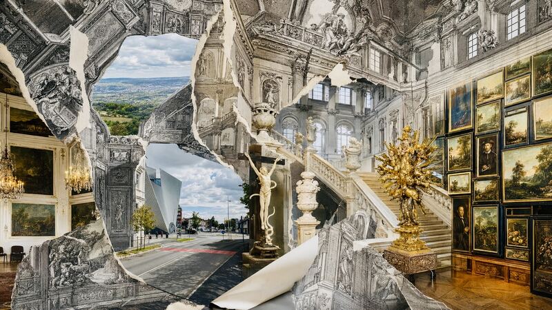 Treppen ohne Haus — Stiegenläufe aus dem Stich, aus ihrem Gebäude gelöst. GöttwAIg Wunderkammer(21), AI-Bildcollage.