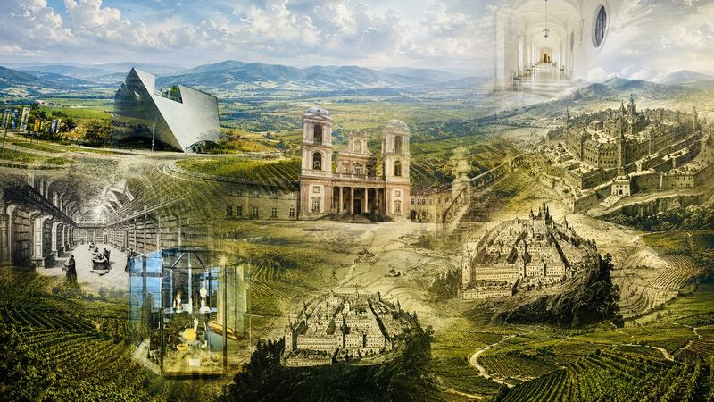 Weingarten mit Sammlung — Die Wachau trägt Vitrine, Fassade und Fragment. GöttwAIg Wunderkammer(21), AI-Bildcollage.