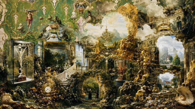 Garten-Retabel — Goldaltar und Kruzifix wachsen in einen grünen Bildraum. GöttwAIg Wunderkammer(21), AI-Bildcollage.