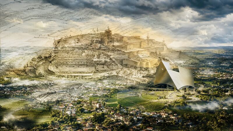 Panorama mit Einschnitt — Weite Kulturlandschaft, von hellen Keilen aufgeschnitten. GöttwAIg Wunderkammer(21), AI-Bildcollage.