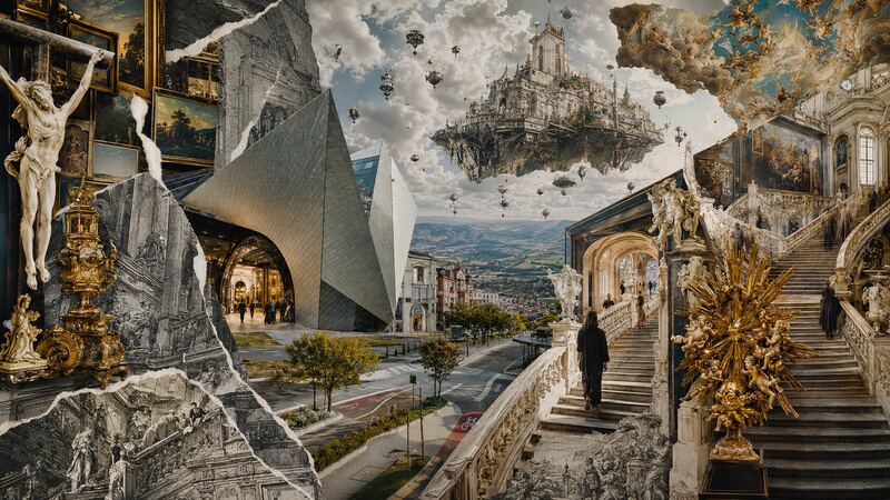 Kruzifix über der Stiege — Goldene Figurengruppe, Treppe und Wolkenraum. GöttwAIg Wunderkammer(21), AI-Bildcollage.