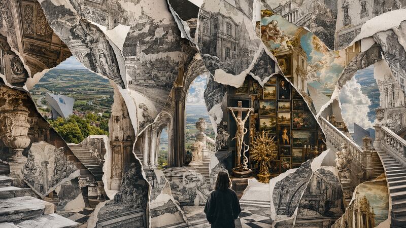 Graue Blätter — Steinfarbene Fragmente, dazwischen eine schwarze Figur. GöttwAIg Wunderkammer(21), AI-Bildcollage.