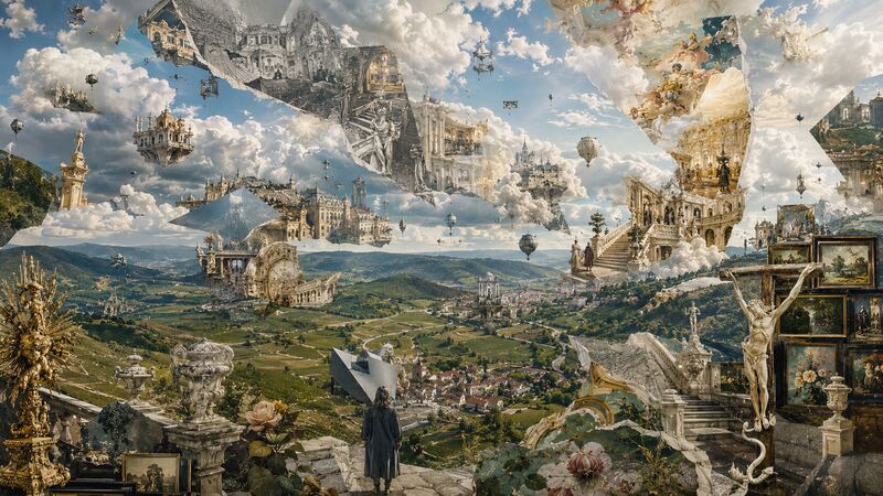 Landnahme — Fragmente des Stifts verteilen sich über den ganzen Horizont. GöttwAIg Wunderkammer(21), AI-Bildcollage.