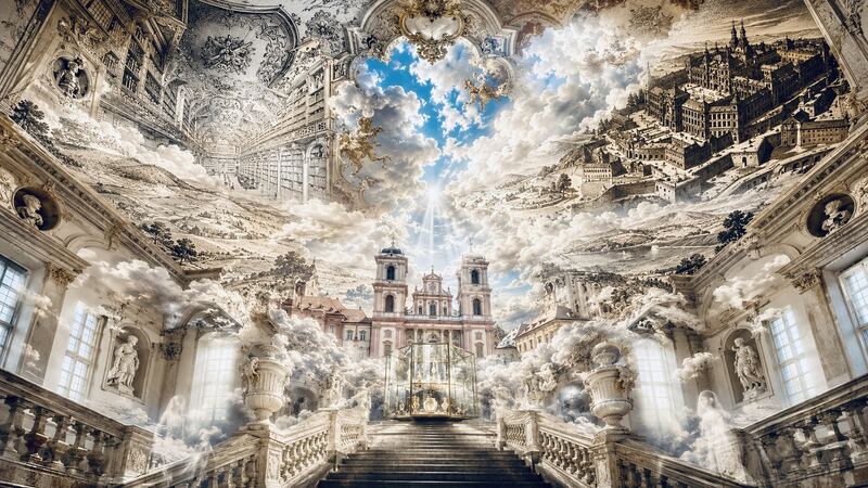 Innen und Außen vertauscht — Die Kirche steht im Deckenfresko, das Fresko steht im Freien. GöttwAIg Wunderkammer(21), AI-Bildcollage.