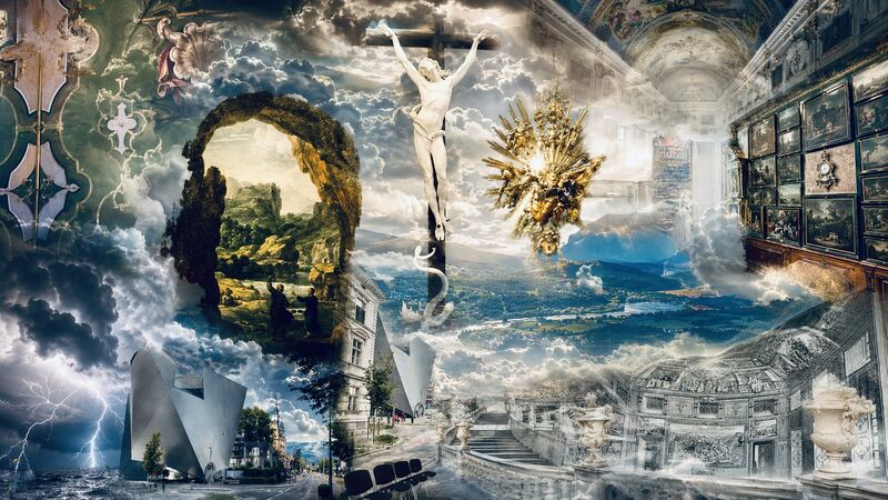Höhle mit Meer — Ein Durchbruch öffnet den Sammlungsraum zum Wasser. GöttwAIg Wunderkammer(21), AI-Bildcollage.