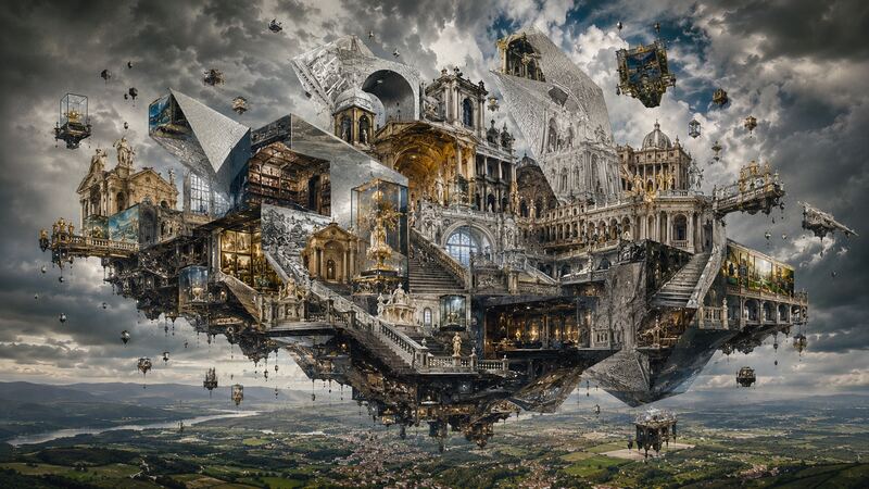 Schwebende Stadt — Das Ensemble als kompakter Fragmentkörper in der Luft. GöttwAIg Wunderkammer(21), AI-Bildcollage.