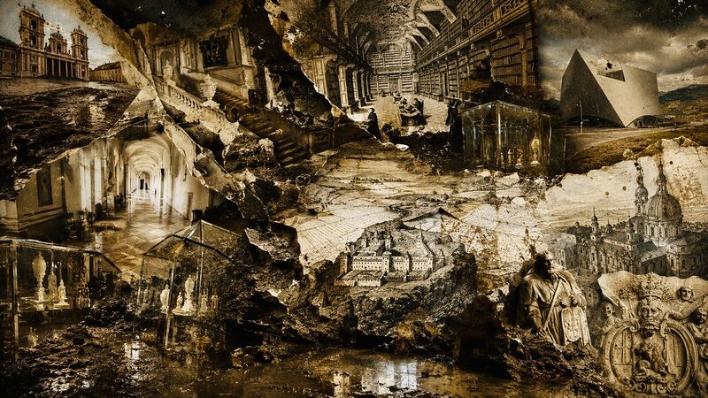Fehlstellenkabinett — Bibliothek, Schlamm und Stiftssilhouetten in Sepia. GöttwAIg Wunderkammer(21), AI-Bildcollage.