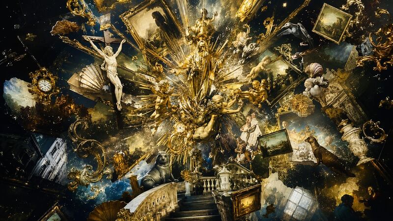 Goldene Explosion — Ornament, Uhr, Kruzifix und Gemälde stürzen aus schwarzem Grund. GöttwAIg Wunderkammer(21), AI-Bildcollage.