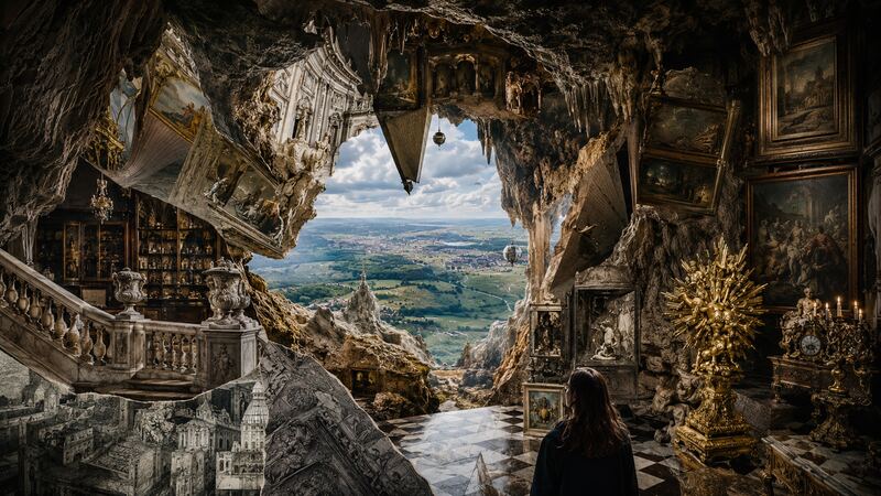 Durchbruch zur Bibliothek — Ein Felsbogen gibt den Blick auf Bücherwände frei. GöttwAIg Wunderkammer(21), AI-Bildcollage.