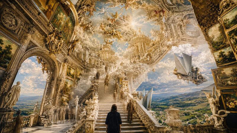 Heller Aufgang — Treppe, Figur und geöffnetes Gewölbe in kühlem Licht. GöttwAIg Wunderkammer(21), AI-Bildcollage.