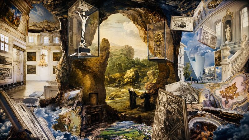 Landschaft mit Reliquie — Höhle, Kruzifix und Gemälde in einem durchlässigen Gelände. GöttwAIg Wunderkammer(21), AI-Bildcollage.