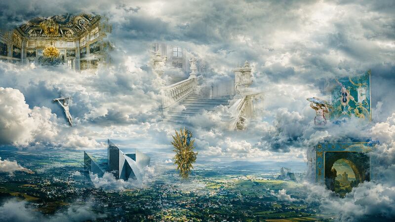 Wolkensammlung — Die Sammlung löst sich in Licht und Kumulus auf. GöttwAIg Wunderkammer(21), AI-Bildcollage.