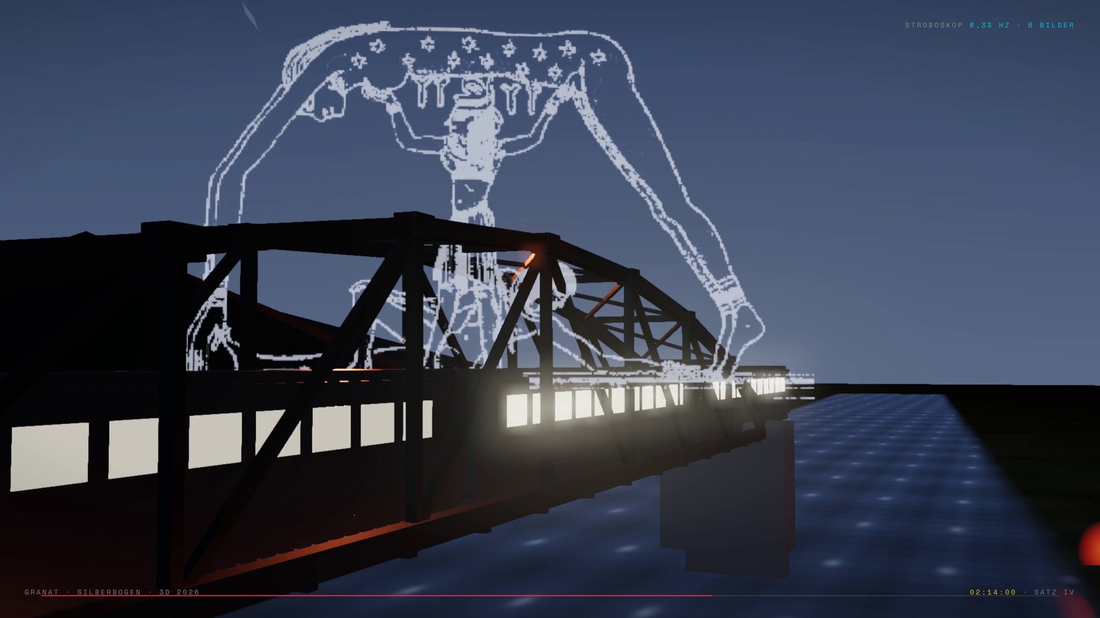 Satz IV: der Sonderzug hält auf der Brücke, darüber der Lichtbogen der tanzenden Figuren