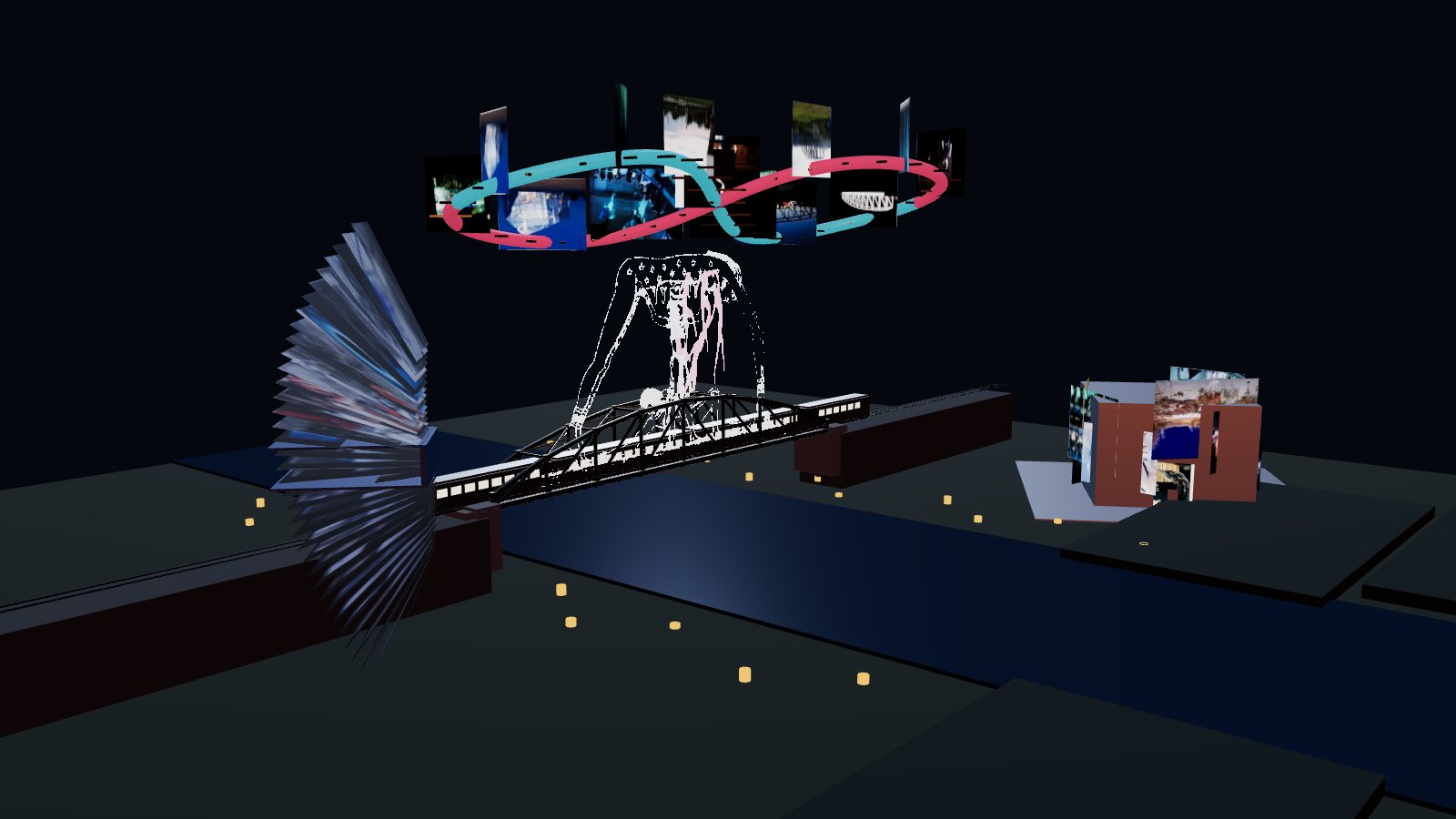 Die ganze Szene als 3D-Modell: Brücke über dem Kamp mit Sonderzug, darüber die Brückenschleife mit den Fotografien