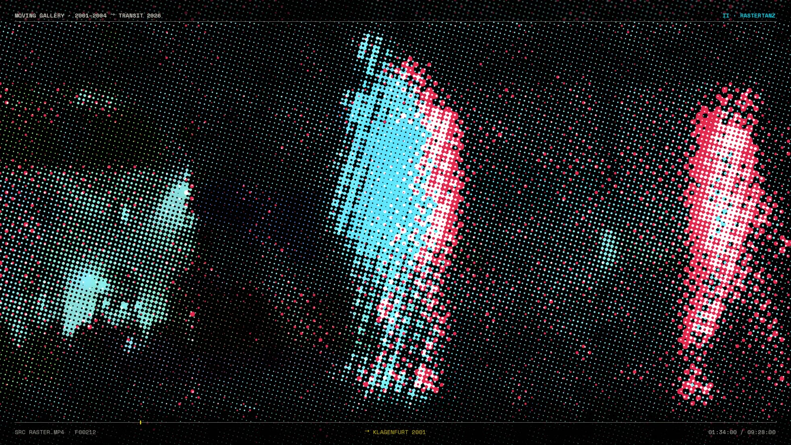 Still aus TRANSIT 2026, Satz II RASTERTANZ: Tanzfiguren als cyan- und magentafarbene Halbtonpunkte auf Schwarz