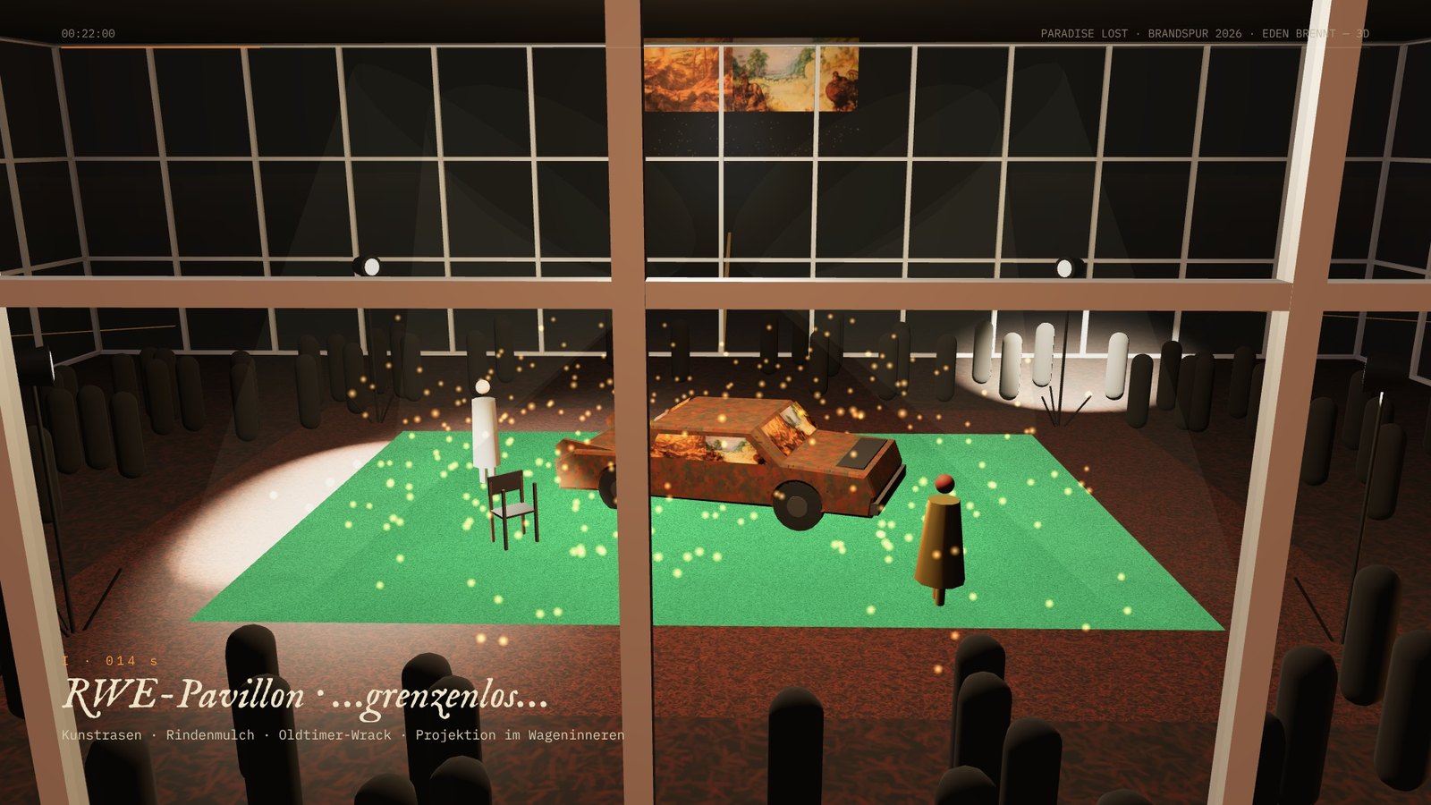 3D-Szene: der RWE-Pavillon mit Kunstrasen und Wrack