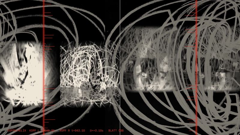 Doppelhelix: zwei Bildhälften mit der Tänzerin Andrea Nagl in weißen Lichtspuren, darüber graue Kohlelinien, zwei rote Köpfe