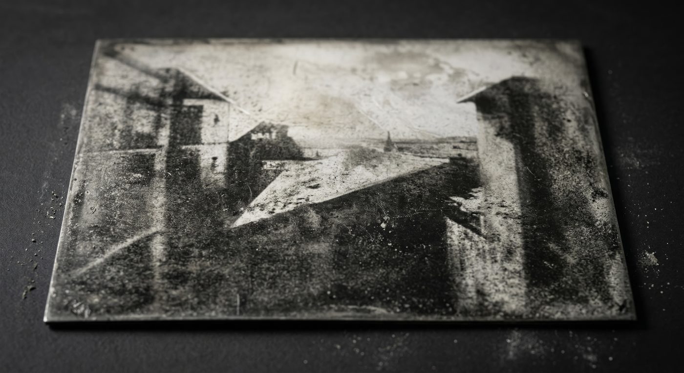 Heliografie-Platte nach Niépce 1826, KI-Reinterpretation